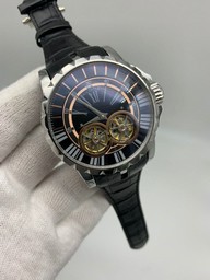 Roger Dubuis Excalibur Dual Tourbion Silver Black Dial Rome Numbers On Black Leather Strap