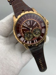 Roger Dubuis Excalibur Dual Tourbion Red Dial Rome Numbers On Black Leather Strap