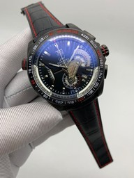 Tag Heuer Black Red Dial Carrera on Black Leather Strap