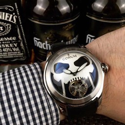 Corum Babble Case Silver Skull on Black Leather Strap