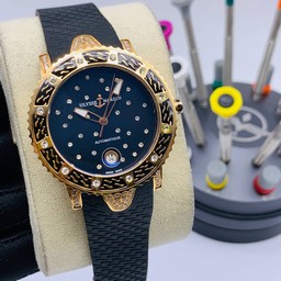 UN Diamond Black Dial Case Gold Rubber Strap